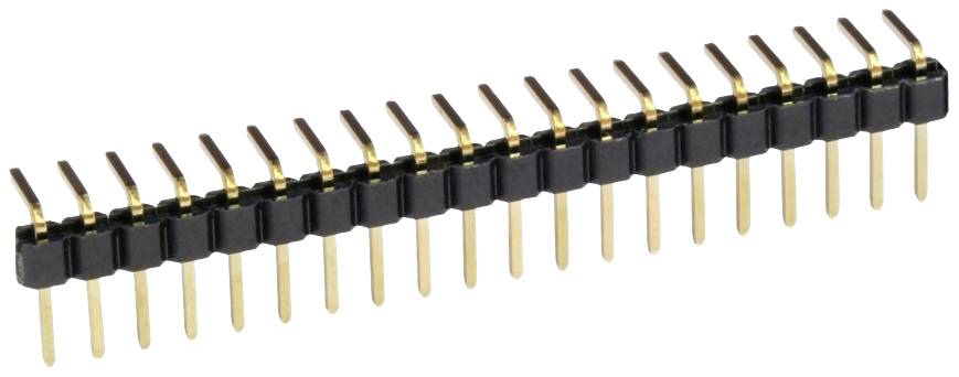Single-row pin header connector with 20 gold-plated pins; suitable for connecting electronic components on printed circuit boards.