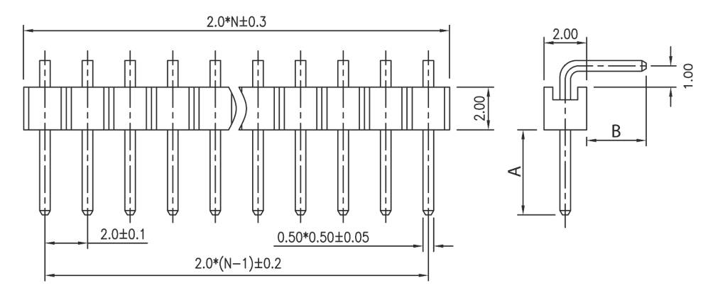 Technical drawing of an electrical connector with dimensions. Pin spacings and sizes are described in detail. Top view and side view shown.