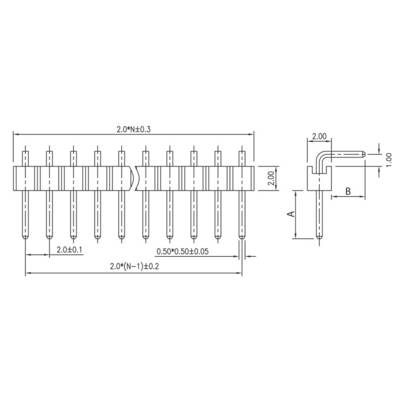 Technical drawing of an electrical connector with dimensions. Pin spacings and sizes are described in detail. Top view and side view shown.
