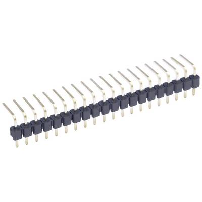A straight pin header connector with eighteen pins in two rows, bent at a 90-degree angle, on a white background.