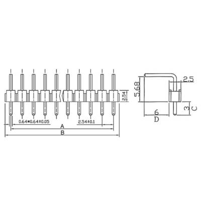 Technical drawing of a connector with dimensional specifications: Width 2.54 mm, Height 5.68 mm, Pin spacing 2.54 mm, Pin diameter 0.64 mm.
