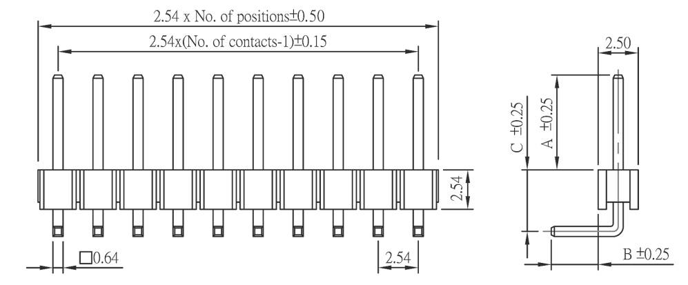 Technical drawing of a connector with dimensions in millimetres. Main view shows 9 pins, side view shows dimensions A, B, C.