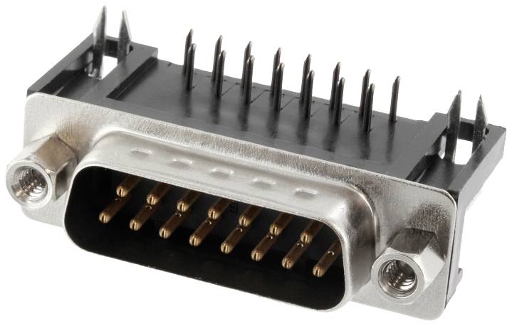Nine-pin D-sub plug, side-mounted screw fixings, metal housing, used for serial interface connections.