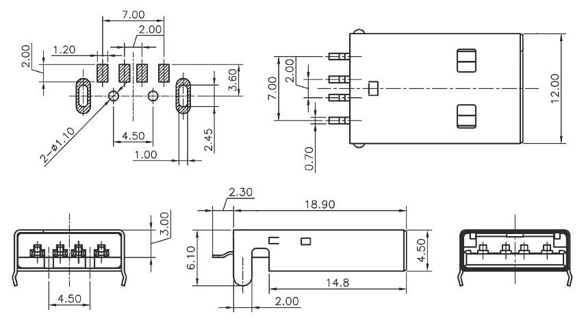 Technical drawing of an electrical connector with detailed dimensions and views for manufacturing or assembly.