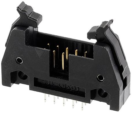 A black, rectangular electrical connector with multiple golden pins in the centre and two levers on the sides.