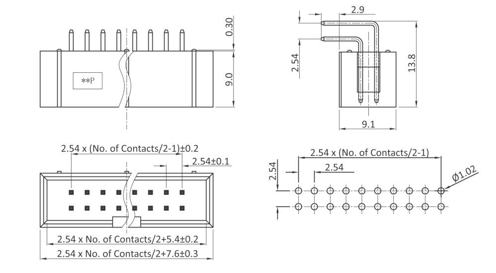 Technical drawing of an electrical connector with dimensions and contact arrangement. Shows top view, side view, and contact spacing.