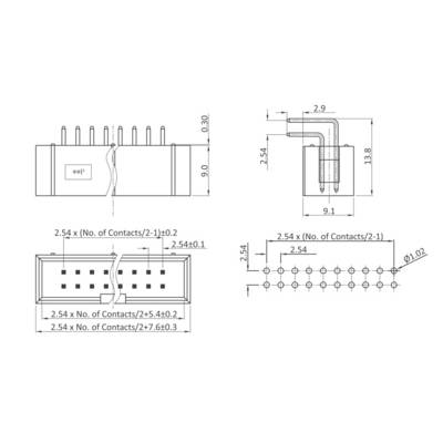 Technical drawing of an electrical connector with dimensions and contact arrangement. Shows top view, side view, and contact spacing.