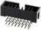 A black, rectangular connector with numerous metal pins used for electronic connections.