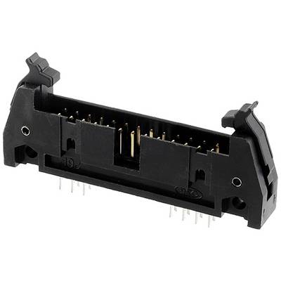 Black connector with multiple golden contact pins, side mounting brackets, and holes for mounting on a printed circuit board.