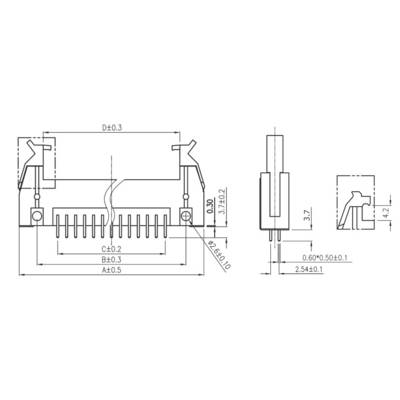Technical drawing of an electrical connector with dimensional specifications in millimetres, with different views showing height, width, and other details.