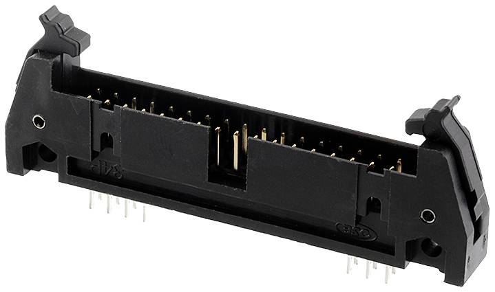 Black electrical connector with multiple metal pins and side clips for mounting on a printed circuit board.