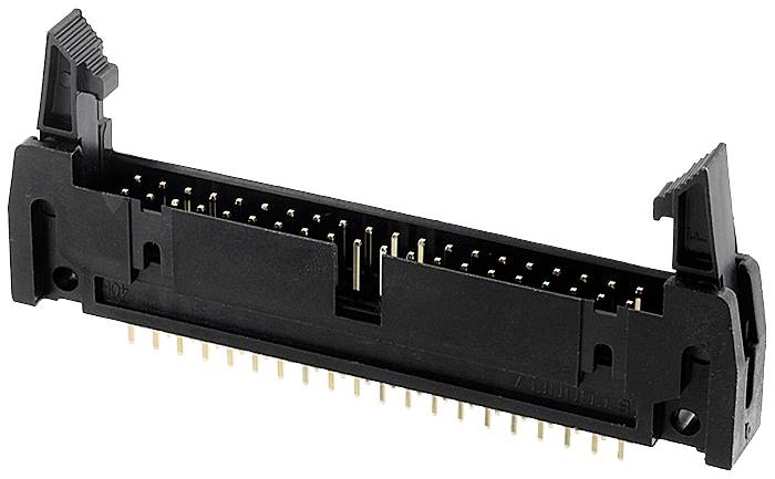 A black plug with multiple rows of metal contacts. It has two foldable levers on the sides for securing it.