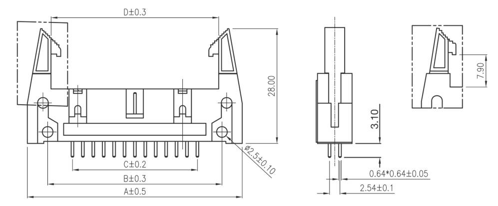 Technical drawing of an electronic connector with dimensions: width 28 mm, height 9 mm, and pin spacing 2.54 mm.