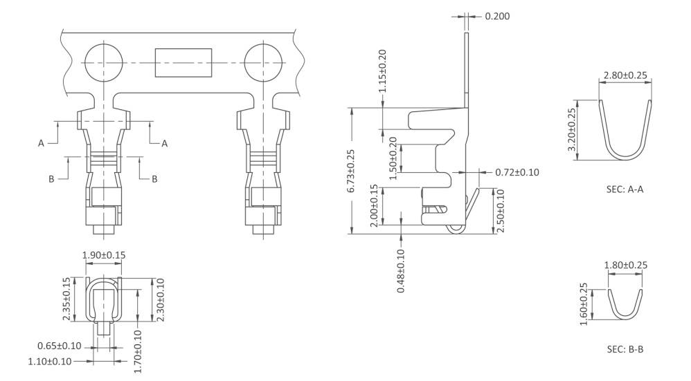 Technical drawing shows the dimensions and views of a partially symmetrical component with circular and rectangular sections. Scales added.
