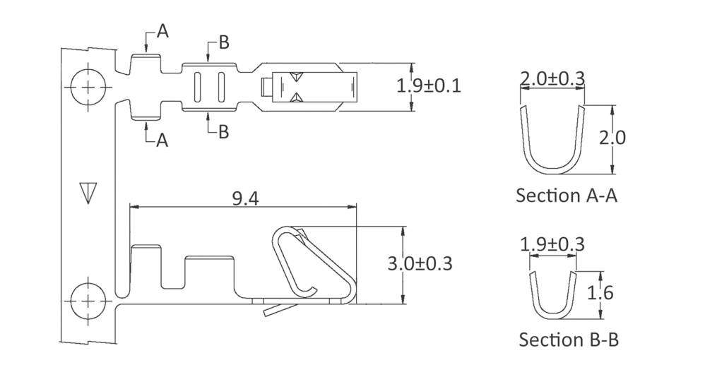 Technical drawing of a metal profile with dimensions. Cross-sections A-A and B-B show different details.
