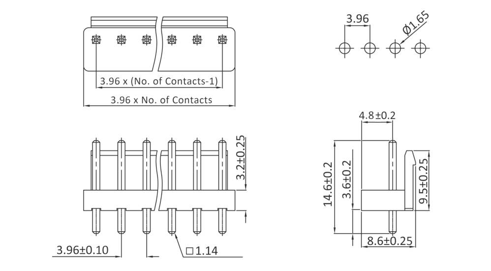 Technical drawing of an electrical connector with detailed dimensions, contact pin positions, and mounting components.