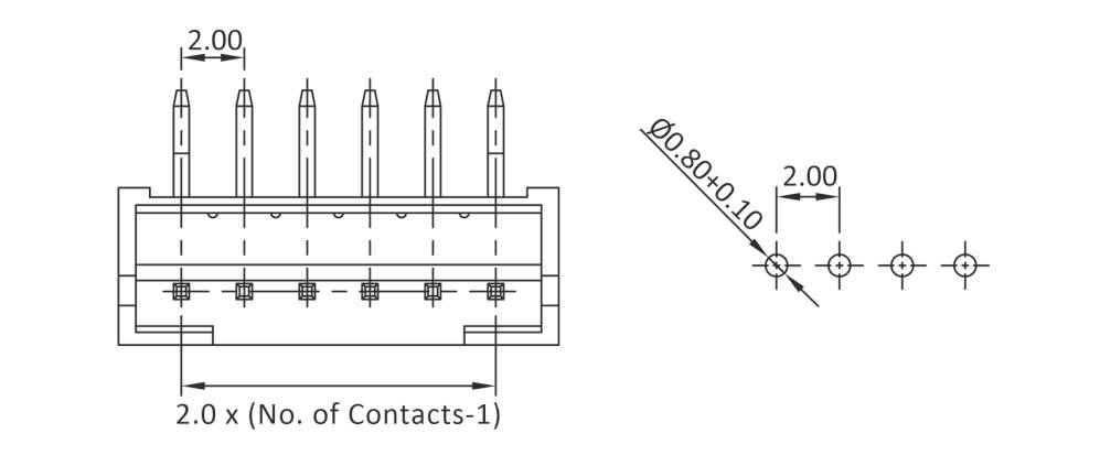 Technical drawing of a connector with six contacts. Dimensions specified: 2.00 mm spacing between contacts, top view and side view.