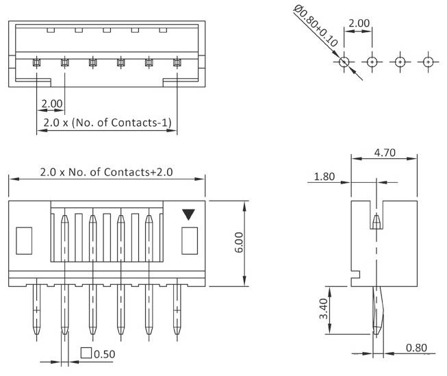 Technical drawing of an electrical connector with dimensions, contact spacings, and instructions for housing mounting.