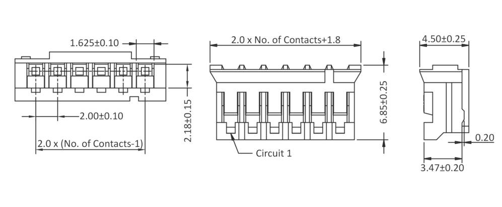 Technical drawing of an electrical connector with dimensions, contact count, and circuit diagram.