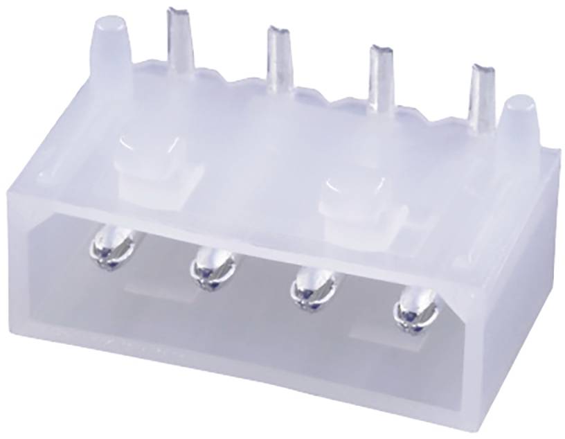 A white, rectangular plug with four metal pins. It is used for electronic connections.