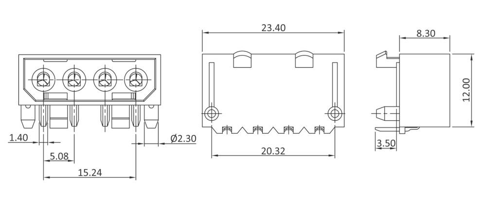 Technical drawing of a four-pole connector with dimensions, detailed side and front view.