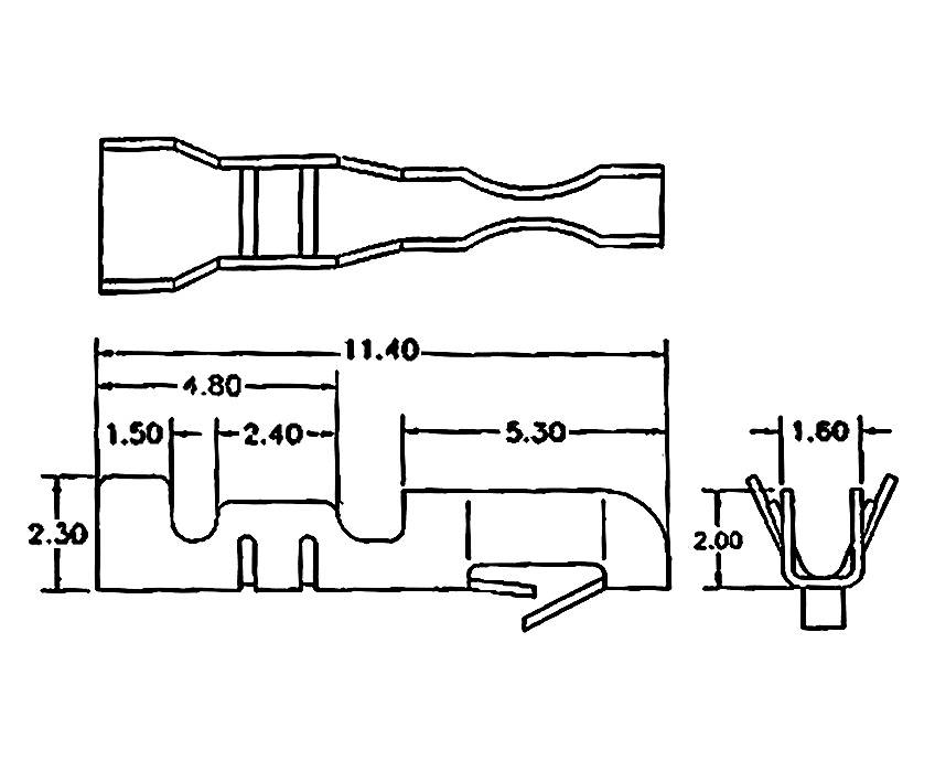 Technical drawing of a connector with dimensions in millimetres. Side view shows lengths, top view shows width measurements.