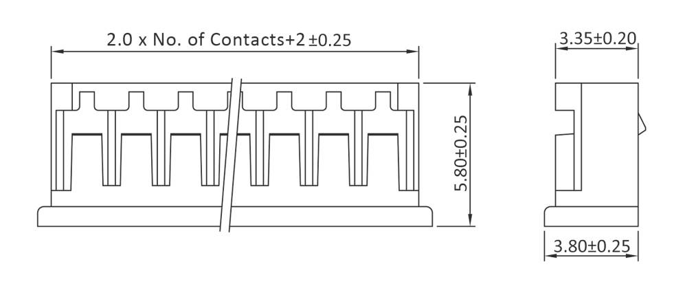 Technical drawing of an electrical connector. Shows front view (width: 2.0 x number of contacts + 2±0.25) and side view (height: 5.80±0.25, depth: 3.80±0.25, width: 3.35±0.20).