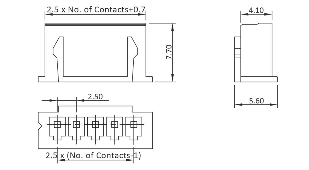 Technical drawing of a connector with side and top view. Dimensions: 2.5 x number of contacts + 0.7, height 7.70, width 5.60.