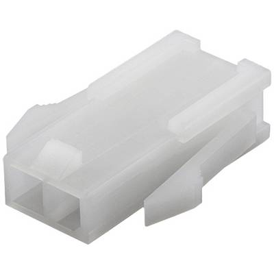 White plastic connector with two openings, trapezoidal structure, used for connecting electrical cables in devices.