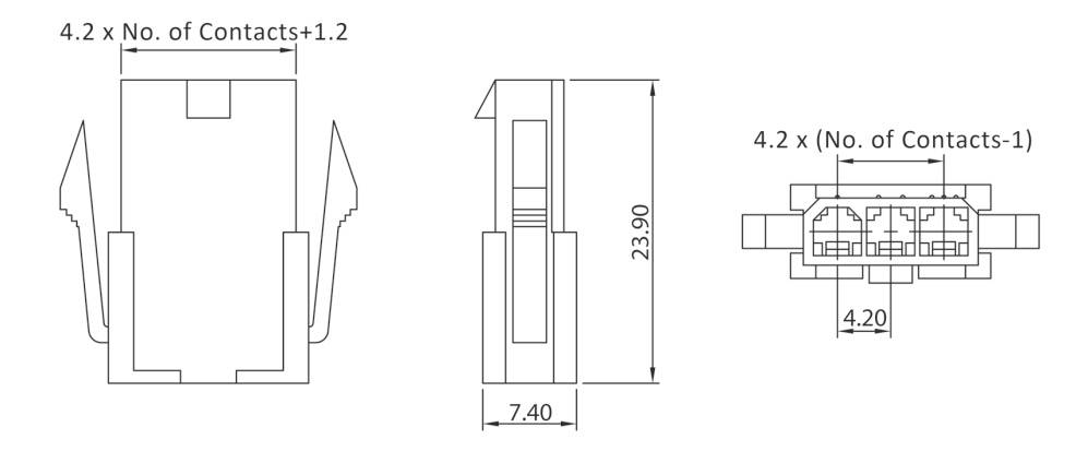 'Socket housing' technical drawing with dimensions: Height 23.90 mm, Width 4.2 x (number of contacts+1.2), Depth 7.40 mm.