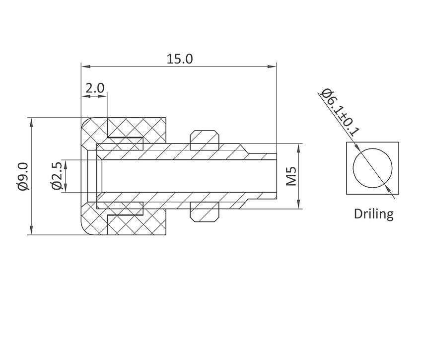 Technical drawing of a cylindrical component with dimensions and bore. Diameter 9.0 and 2.5 mm, length 15.0 mm, bore Ø6.1 mm.