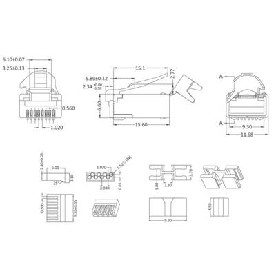 Technical drawing of a connector with dimensions in millimetres. It shows side, front, and top views with detailed measurements.