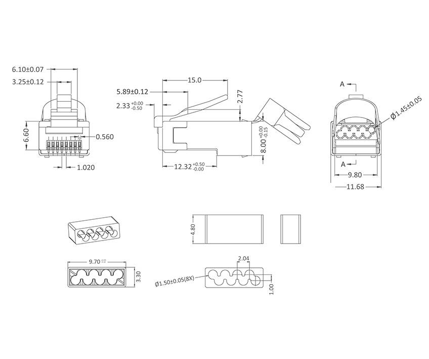 Technical drawing of a connector with dimensions. Shows front, side, and top views with precise measurements in millimetres.