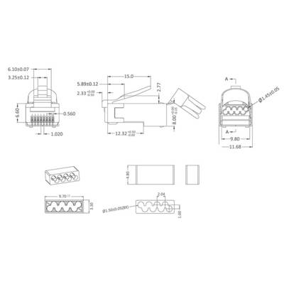 Technical drawing of a connector with dimensions. Shows front, side, and top views with precise measurements in millimetres.