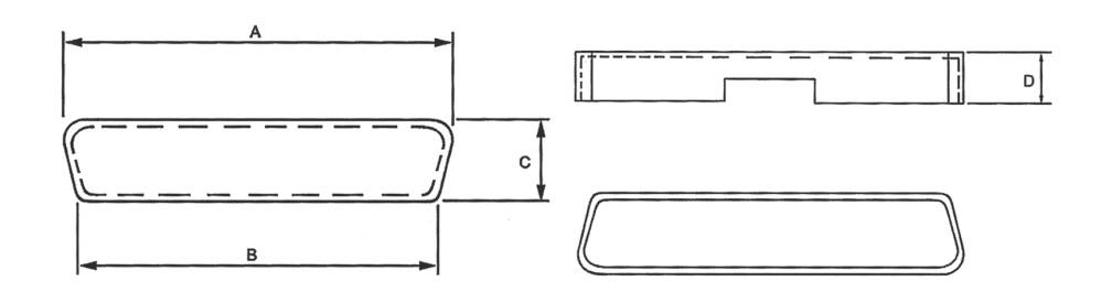 Technical drawing of a rectangular object with rounded corners. Labelled with 'A', 'B', 'C' and 'D' for dimensions.