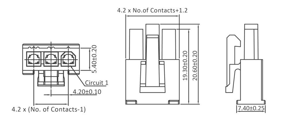 Technical drawing of an electrical connector with various views and dimensions. Dimensions refer to widths, heights, and number of contacts.