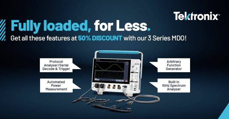 The image shows a Tektronix measurement device with functions such as protocol analysis, arbitrary function generator, and built-in spectrum analyser. Text: 'Fully equipped, for less. 50% OFF'.