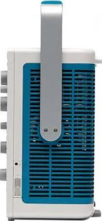 Portable radio shown from the side, with blue ventilation aperture and grey carrying handle. Controls and connections are visible on the right side.