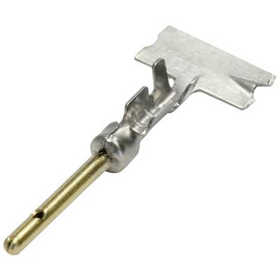 Metal connector with a flat clamp and a golden pin, used for electrical connections.