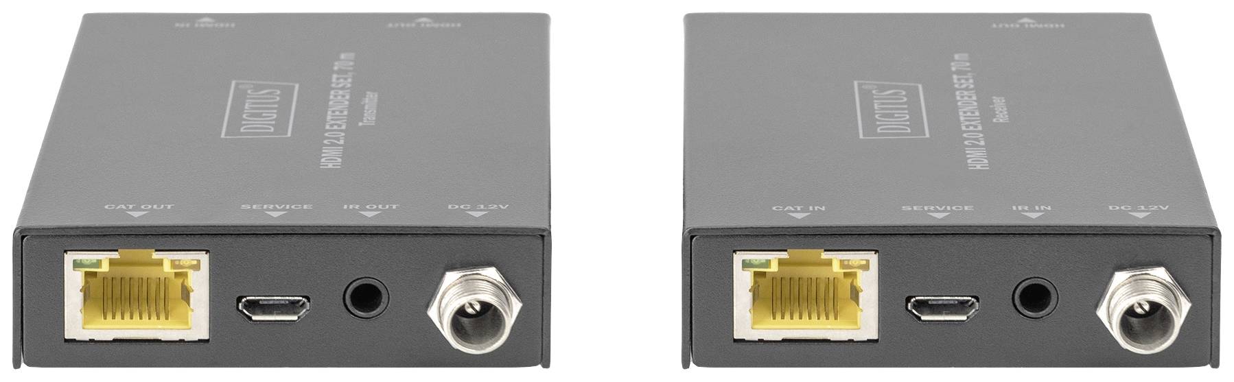 Two black network transceivers with Ethernet, USB, and BNC ports on the front and rear panels.