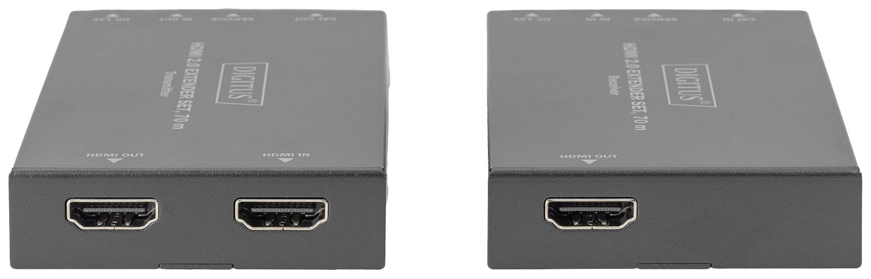 Two black HDMI extenders are lying side by side. Each has two HDMI ports. They are designed for transmitting video signals.