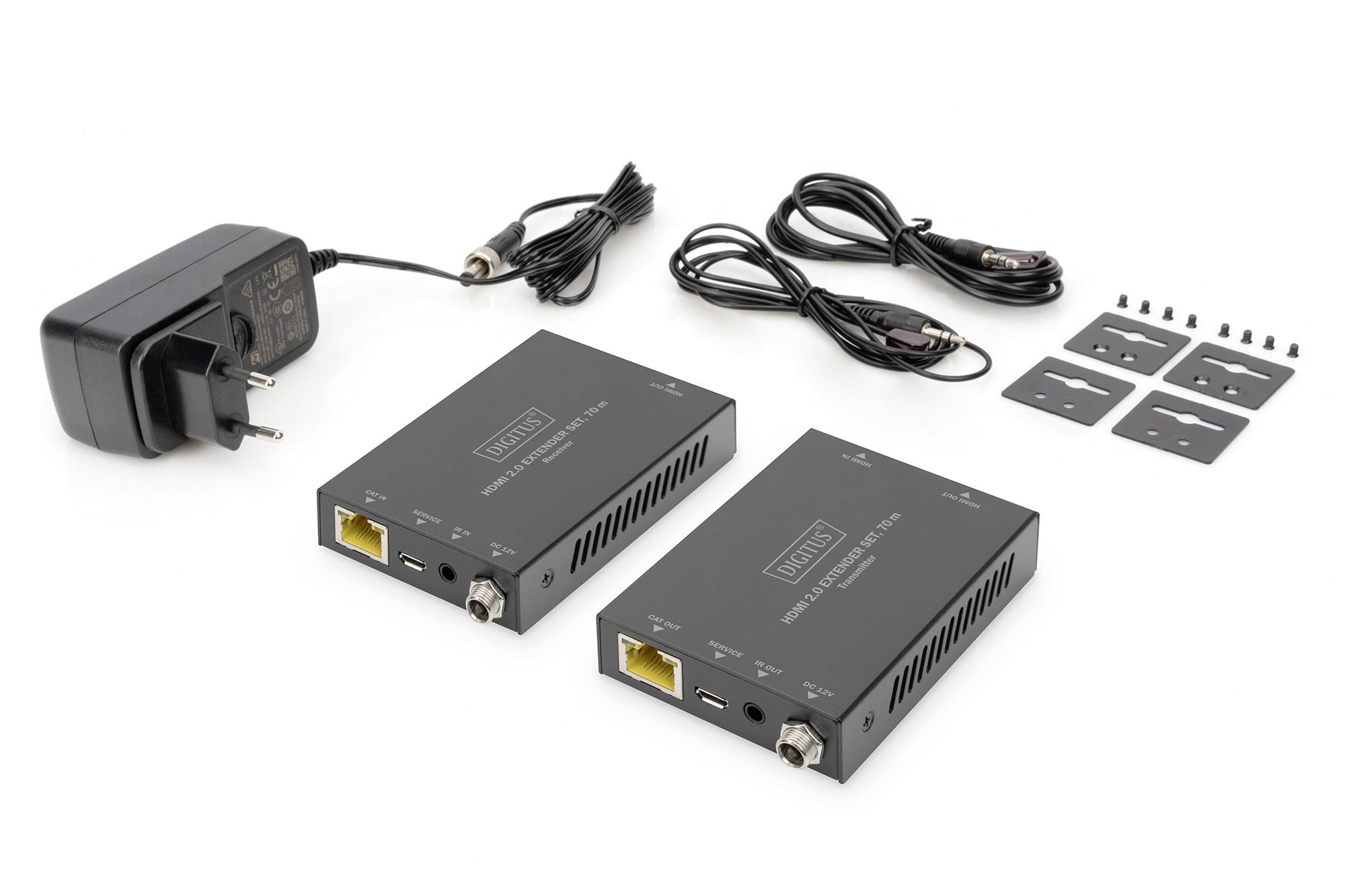 Two HDBaseT extenders with power supply and cables. Primary purpose: Extending HDMI signals over longer distances using network cables.
