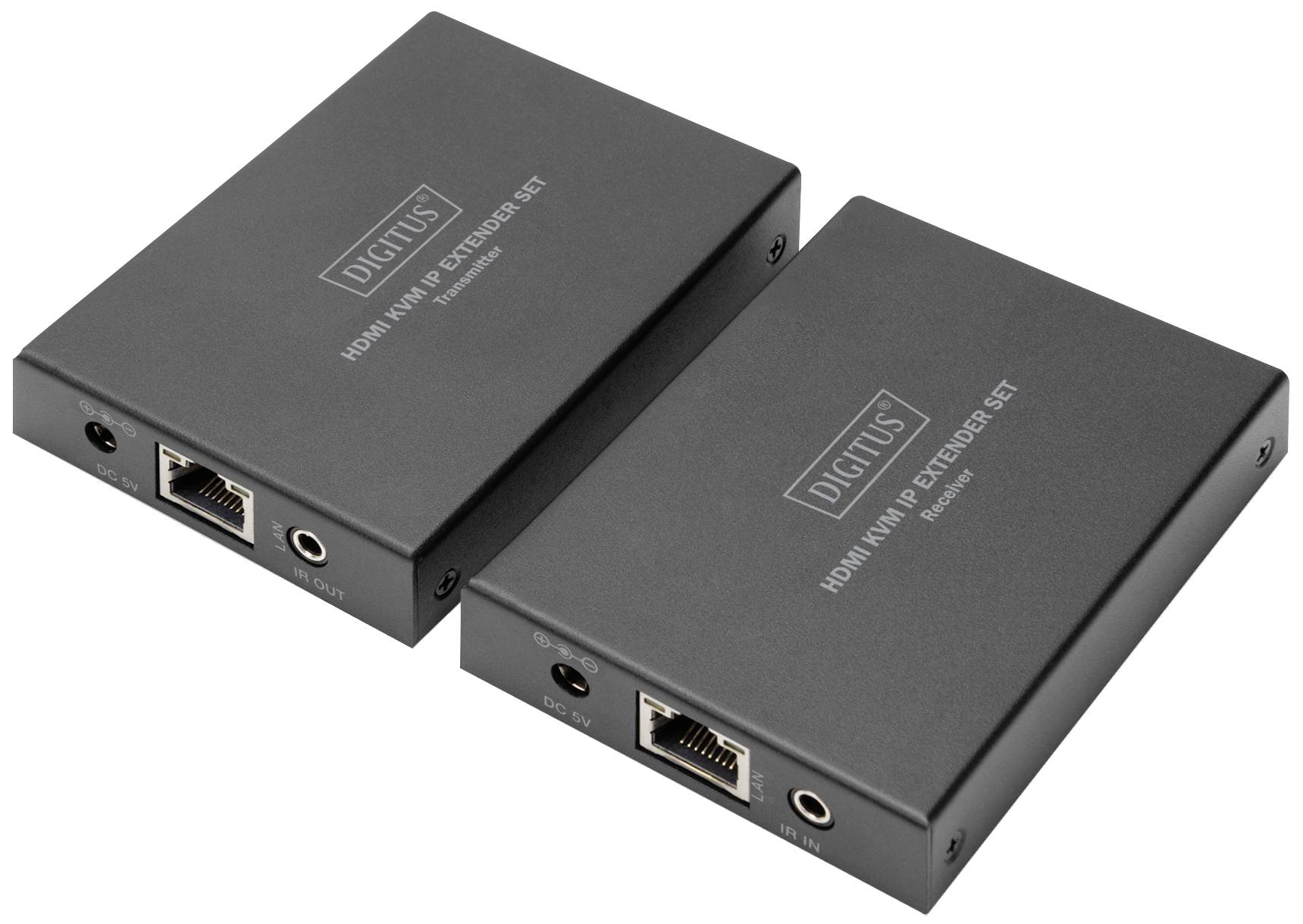 Two black HDMI extender boxes by Digitus with connections for HDMI and network cables, lying side by side.