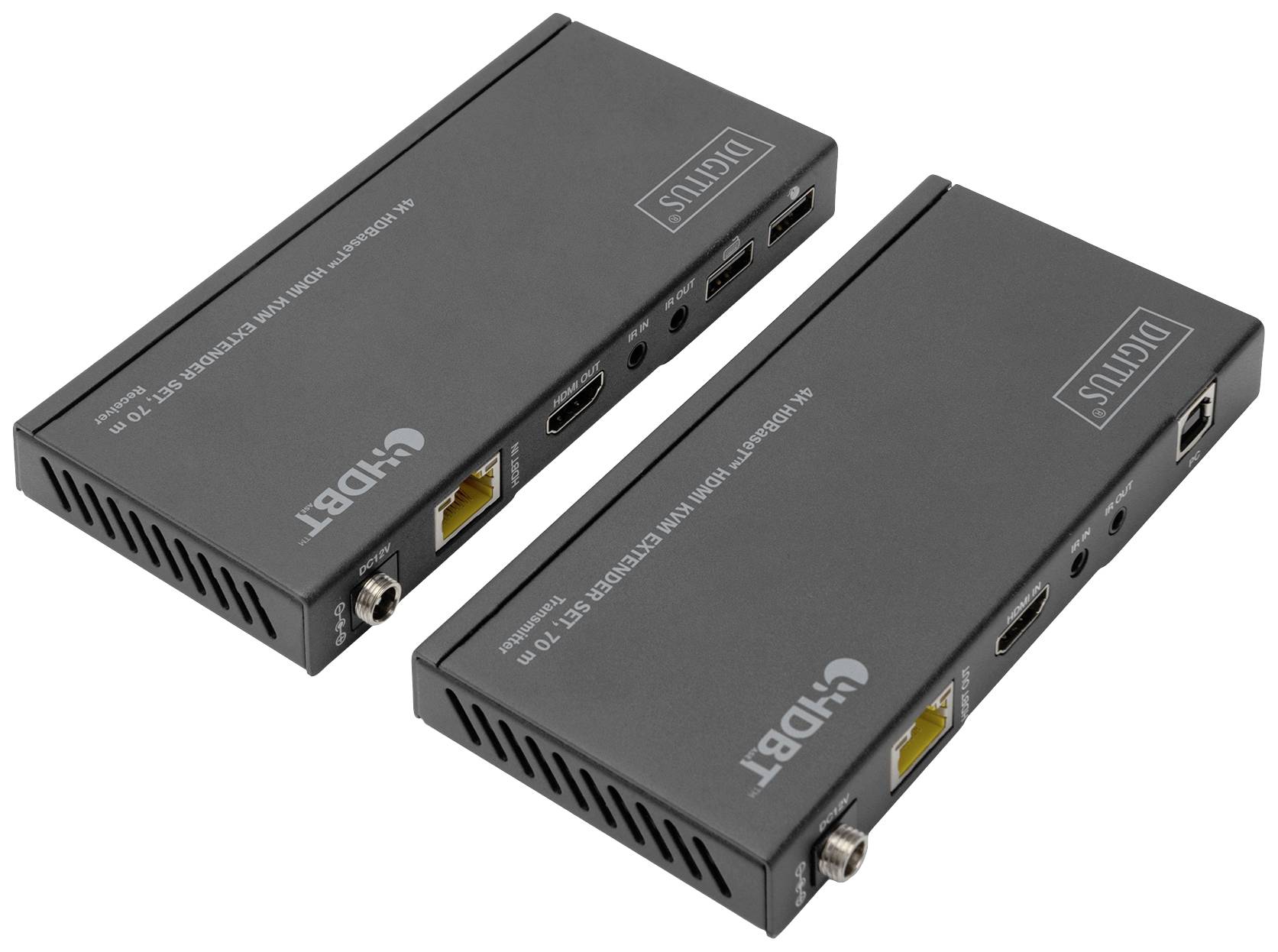 Two black HDMI transmission units with Ethernet and HDMI ports, suitable for digital video transmission.