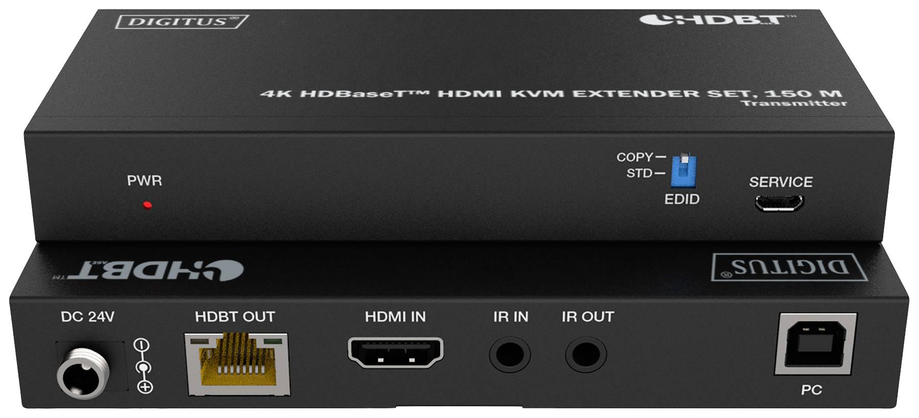 4K HDBaseT HDMI KVM Extender Set, 150 m. Two devices with connections for HDMI, IR, PC and power. One with LED indicator and service switch.