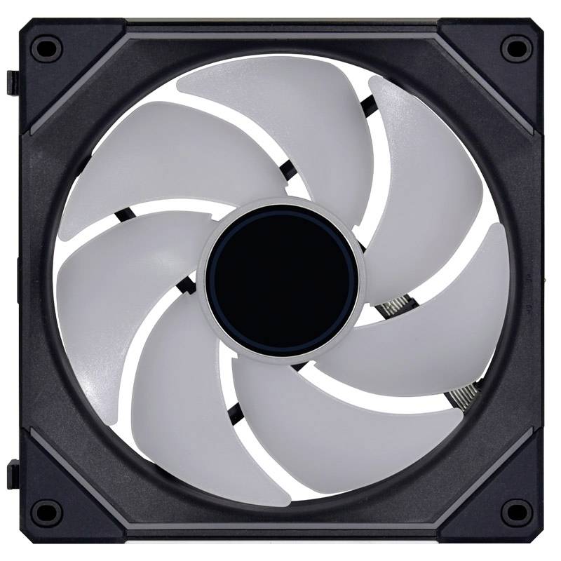 A fan with nine white blades in a black square housing. Suitable for cooling in electronic devices.