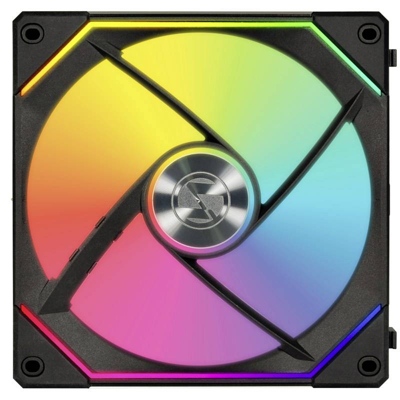 A square computer cooler with a central fan illuminated in glowing rainbow colours.