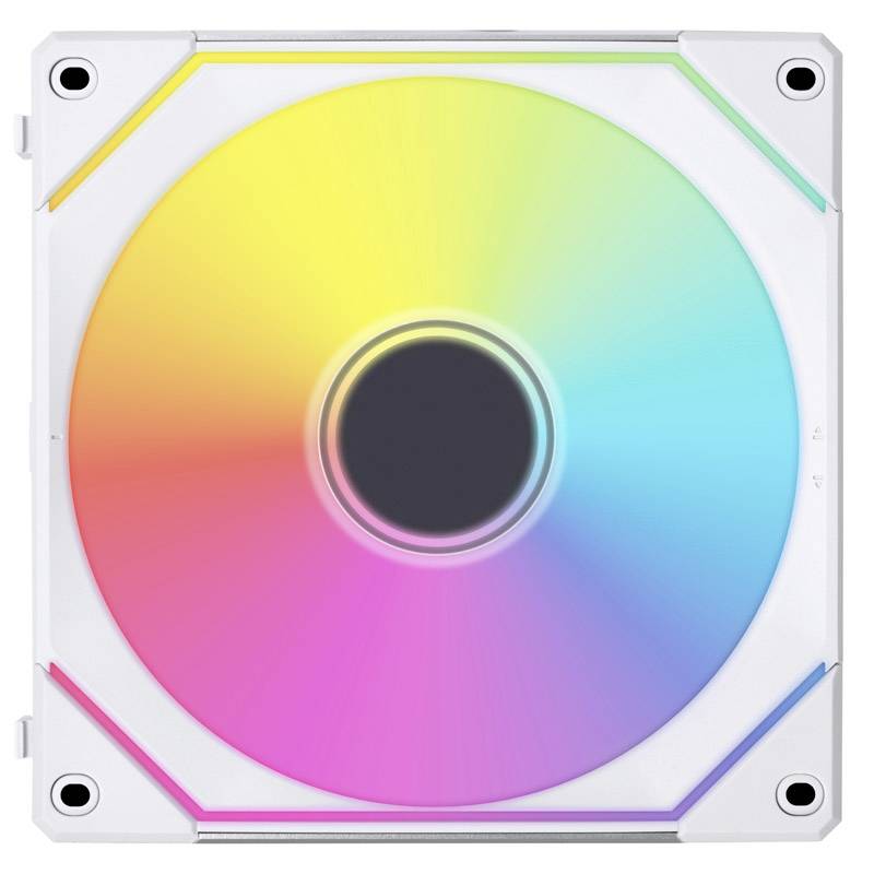 A square computer fan with RGB LEDs, displaying a radiant colour transition from yellow through red to blue.