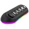 Black remote control device with six large, clearly marked buttons, illuminated by a colourful LED strip along the underside.