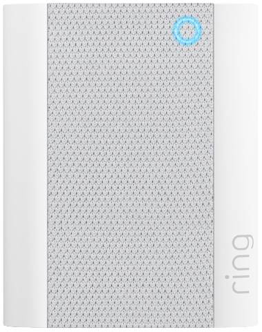 A white, rectangular device with a textured front panel and a glowing blue ring in the top right corner. Brand name 'ring' on the right.